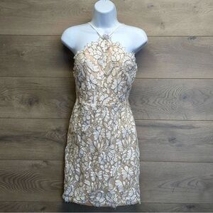 Lulu’s Sleeveless Lace Halter Cocktail Dress in Beige and White